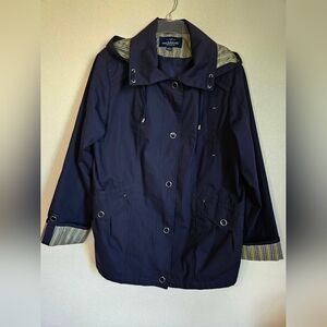 Mackintosh New England size 1X hooded jacket navy striped lining rain